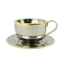 Inox Insulated Cup Saucer 18/10 Stainless Steel Silver Gold Duel Trim Espresso picture