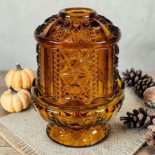 Vintage Indiana Glass Amber Fairy Lamp Light Stars & Bars Candleholder 6.5