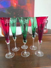 Set of 6 Lenox Holiday Gems Crystal Champagne Flutes, Floral Etching, Ruby/Green picture