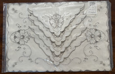 Madeira Style Linen Napkins Set of 8 White Gray Hand Embroidered Floral picture