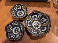 Vintage Signed Mexican Folk Art Pottery Lotus Bowls By Ken Edwards 3 Pcs picture