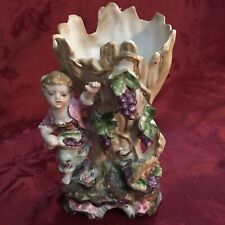 Vintage Handpainted Betson Vase Planter Pair Boy Girl Picking Grapes picture
