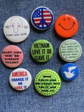 N.O.S. 60's ANTI-WAR, VIETNAM PEACE PROTEST, 9 Pinback Button Boomer Collection picture