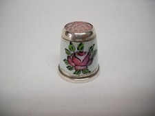 Vintage STERLING & GUILLOCHE ENAMEL THIMBLE-GERMANY-PINK ROSES & CROWN-VG picture
