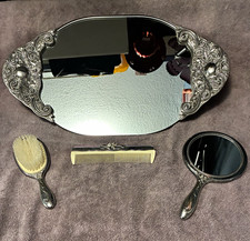 Vintage Silver-Tone Vanity Mirror Set w/ Brush, Comb, Hand Mirror & Mirror picture
