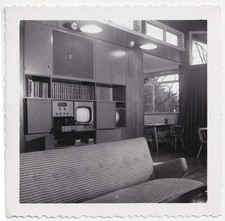 super cool MID CENTURY MODERN W/ TELEVISION interior photo deckle edged 1950s picture
