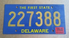 1968 Delaware License Plate 227388 Riveted Numbers Original First State DE Tag picture