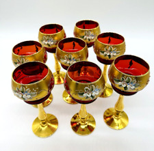 Set of 8 Antique Royal Red Ruby Hand Blown Wine Glass Gold Trim Enamel Flower picture