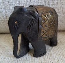 Vtg. Hand Made Wooden ASIAN Elephant With Brass Blanket Work. 3.75