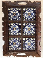 Vintage Hand Carved Wooden Tiled Tray picture