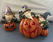 Resin Halloween Gnome Jack-o-Lantern Figures-Light Flash. Set of 2. picture