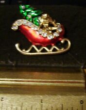 Christmas sleigh + tree & baby doll enamel goldtone & rhinestones pin brooch picture