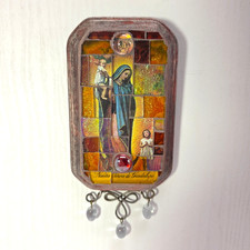 Vtg Mixed Media Folk Art Our Lady of Guadalupe Wooden Wall Plaque 3x5