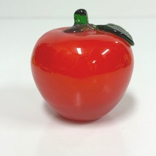 Vintage Red Art Glass Apple Paperweight with Green Leaf Decorative Fruit picture
