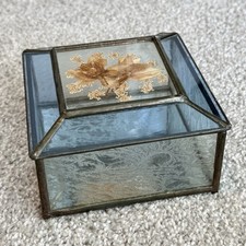 Vintage Clear Stained Glass Trinket Box Clear Textured Glass Dried Flower Mirror picture