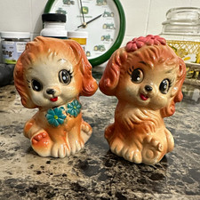 Vintage Japan Ceramic Puppy Dog Salt Pepper Shakers Big Eyes Flowers 1950s MCM picture