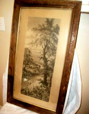 Antique French Sepia Lithograph Landscape Chateaucore Swans Wood Frame 1890s picture