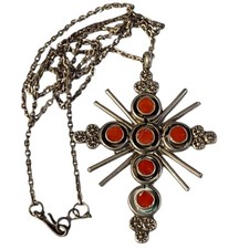 Collectors Piece 1960s Zuni Coral Sterling Silver Cross Necklace picture