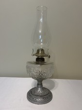 Vintage Clear Pressed Glass Kerosene Oil Lamp Ornate Metal Base Brass Burner USA picture