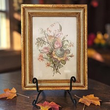 Vtg Florentine Italy Floral Picture Framed Botanical Flowers On Silk Gold Gilt picture