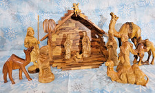 Vintage Christmas Handmade Olive Wooden Nativity Manger. 13 pieces picture