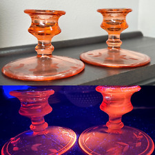 Pink Selenium Depression Glass Candlestick Pair Candle Holder UV Reactive Leaves picture