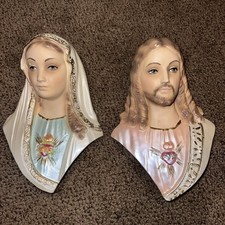 Vintage Mary & Jesus Chalkware Wall Hanging Plaques Sacred Heart Religious 50s picture