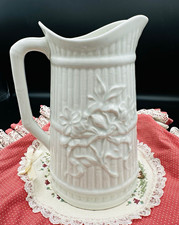 Vintage Arabia Finland White Ironstone Relief Pitcher Floral Ribbon Bow N 2155 picture
