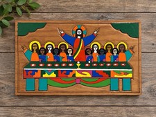 Vintage El Salvador La Palma Folk Art Hand-Painted Wood Last Supper Plaque 12× 7 picture