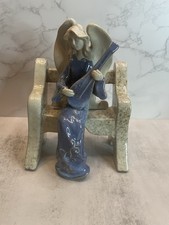 VTG Heavenly Helpers 7” Stoneware Pottery Angel on Bench Musician w/Lute 1999 picture