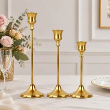 Set of 3 Gold Metal Candle Holders Vintage Taper Candlestick Table Centerpiece picture