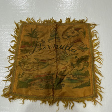 Vintage WWII Bermuda 1940s Souvenir Silk Fringed Pillow Cover, RareMilitary Map  picture