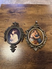 2 Vintage Italy Ornate Brass Oval Wall Frame Mother & Child  Silk Portrait Pray picture