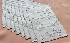 Vintage Cocktail Napkins Madeira Hand Embroidered BIRDS Ecru Linen Set 8 picture