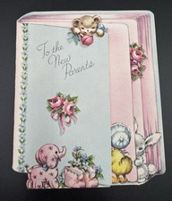 To The New Parents Gibson Greeting Card 1940’s Lamb Chick Bunny Elephant Bear picture