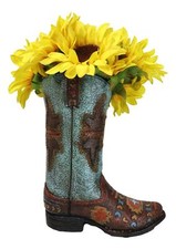 Southwestern Turquoise Tribal Aztec Patterns Faux Leather Cowboy Boot Vase picture