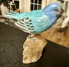 Vintage Joel Zani Attributed Indigo Bunting Wood Bird Decoy Signed #80 Folk Art picture