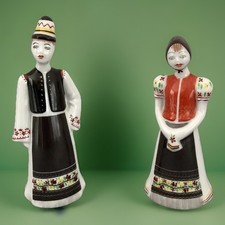 Vtg PORCELAIN STATUES HOLLOHAZA HAND PAINTED FIGURINES MID CENTURY DESIGN (2) picture