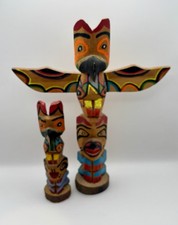 Vintage Chief White Eagle Hand Carved Totem Poles Genuine Indian Made Pair picture