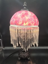 Vintage Beaded Boudoir Table Lamp Roses Pink Purple Glass Shade with Tassels  picture