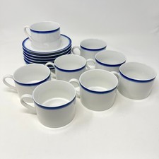 Crate and Barrel CBL16 Flat Cup Saucer Set of 8 Blue Rim White Porcelain Vintage picture