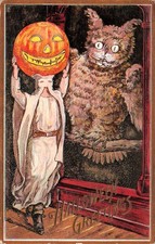 Vintage Halloween Card Pumpkin Jack O' Lantern Spooky Ugly Cat Owl Postcard I17 picture