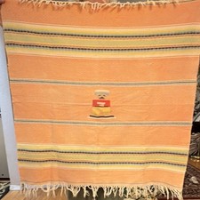 Mexican Serape Style Orange Striped Blanket Throw fringe Bear motif w/ 4 napkins picture