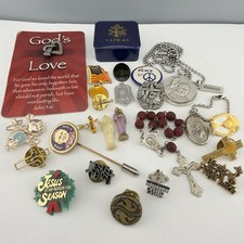 Vintage Religious Lot Medals Rosary Tie Pins Tacks Cross Necklace Vatican Charms picture