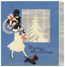 Vintage 1936 Art Deco Christmas Card Woman Scottie Dog Gifts Silhouettes Blue picture