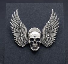 Large Winged Skull Metal Pin Gothic Biker Motorcycle Jacket Vest Badge Brooch picture