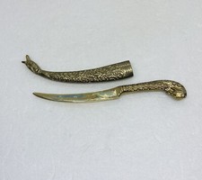 Rare 1950s Solid Brass Sword Letter Opener Ornate Sheath W. Jewels Snake Head C3 picture
