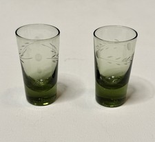 2 pc Avocado Green Floral Shot Glasses Vintage Etched Glass Mid Century Barware picture