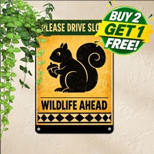 Slow Down Squirrel Crossing Sign Retro Backyard Animal Safety Metal Tin Plaque picture