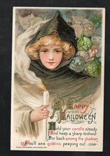 H606 Halloween Antique Postcard Winsch Schmucker Goblins Girl Candle Hood picture